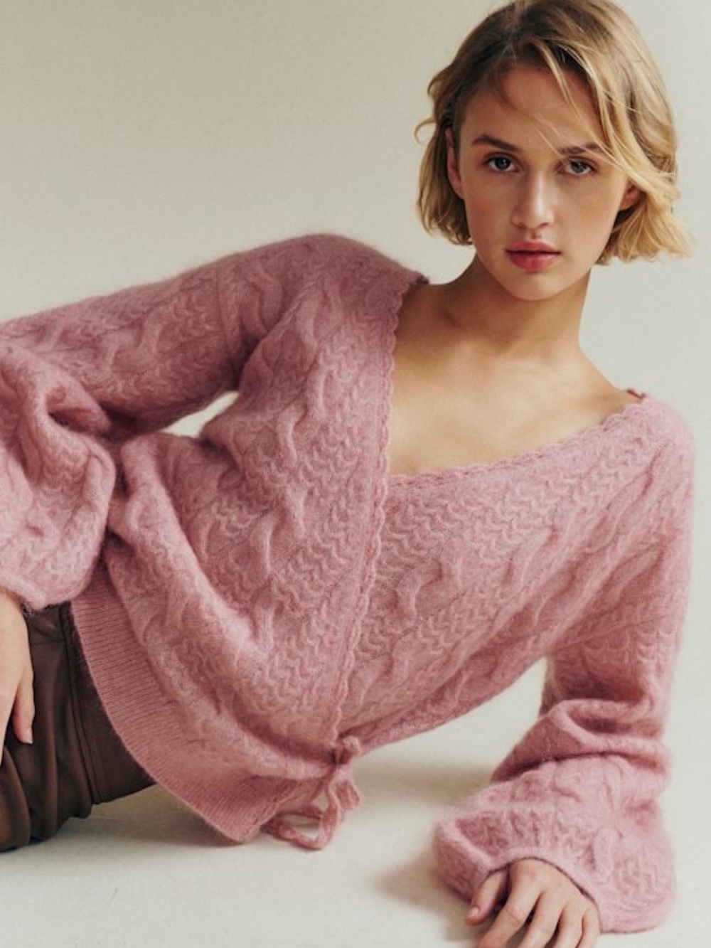 Sezane odalie Soft Pink Cable-Knit V-Neck Women's Sweater